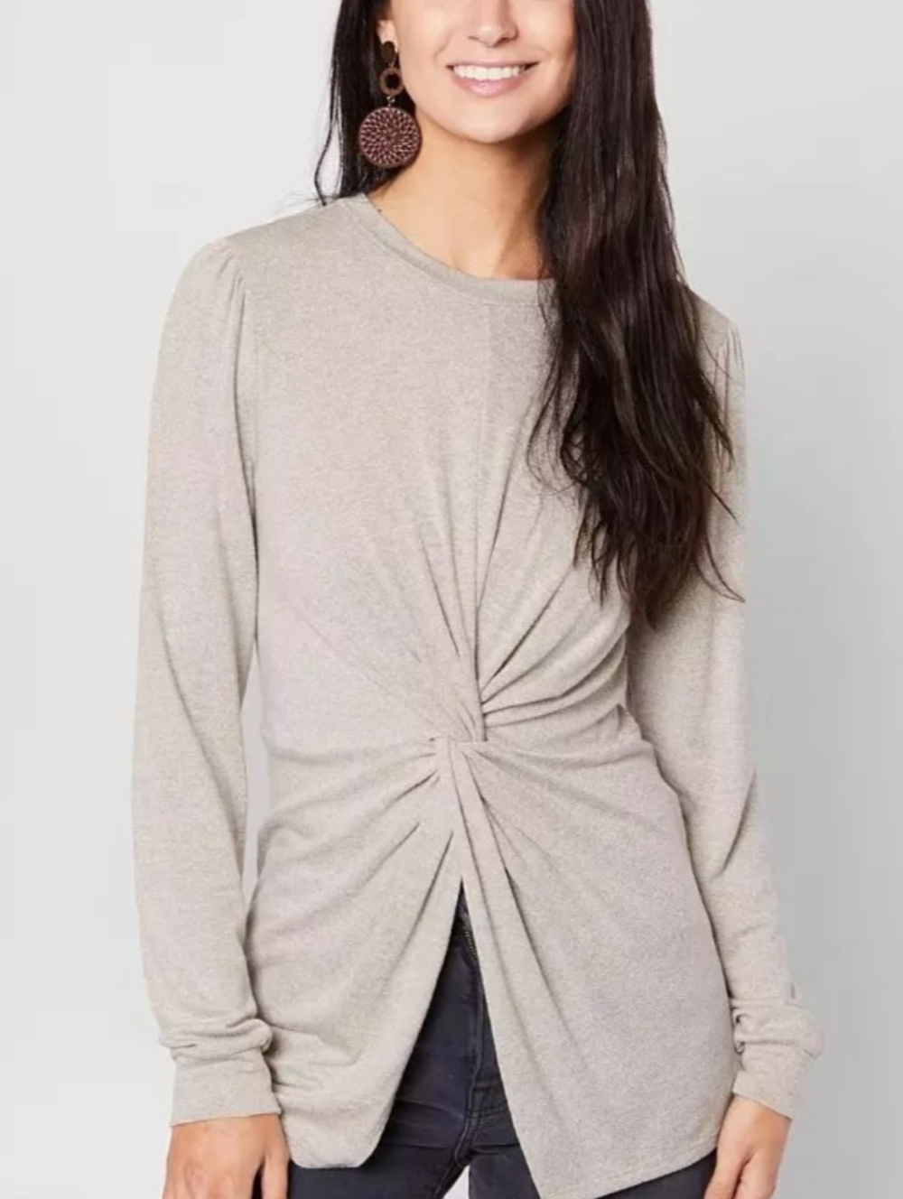 Buckle Twist-Front Long Sleeve Women's Top - Tan